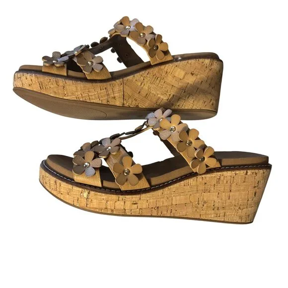 Corkys Floral Wedge Sandals Size 8 Cognac Slip-On Summer Shoes - Picture 3 of 8